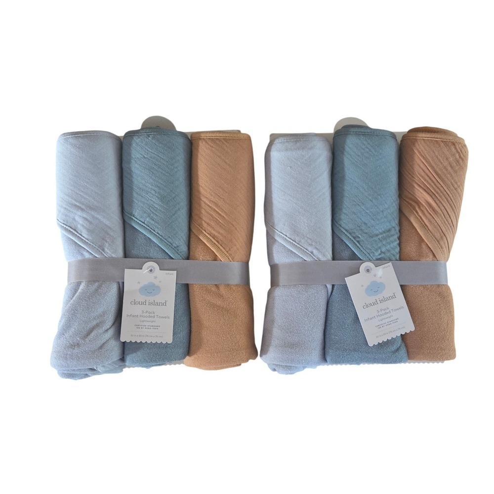 Cloud‎ Island 6 Pack Infant Hooded Towels Blue Mustard Yellow 30x30 NEW